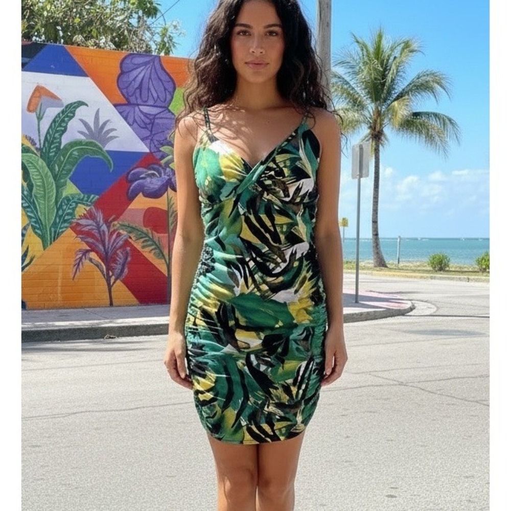 VTG Y2K Baby Phat Bodycon Ruched Green Black Dress Stretch Club Cruise Sexy Date